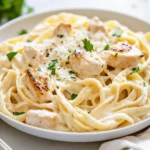 Delicious One-Skillet Chicken Alfredo Pasta Garnished With Parsley And Parmesan On A White Plate