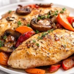Delicious Oven Baked Chicken Veggie Packets On A White Plate With Fresh Thyme And Vibrant Roasted Vegetables