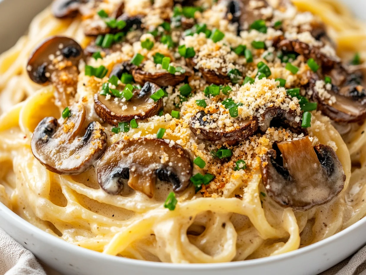 Creamy Pasta With Mushrooms And Mascarpone In A White Bowl, Topped With Chives And Toasted Breadcrumbs