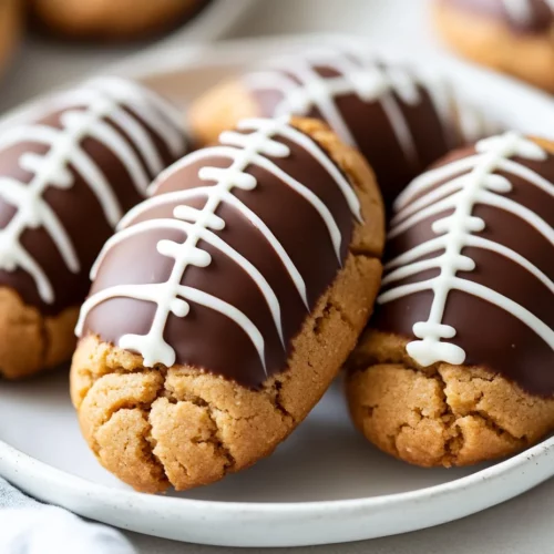 Peanut Butter Football Cookies - Fun &Amp; Easy Game Day Treat 3 Peanut Butter Football Cookies On A White Plate With Chocolate Coating And White Icing Laces.