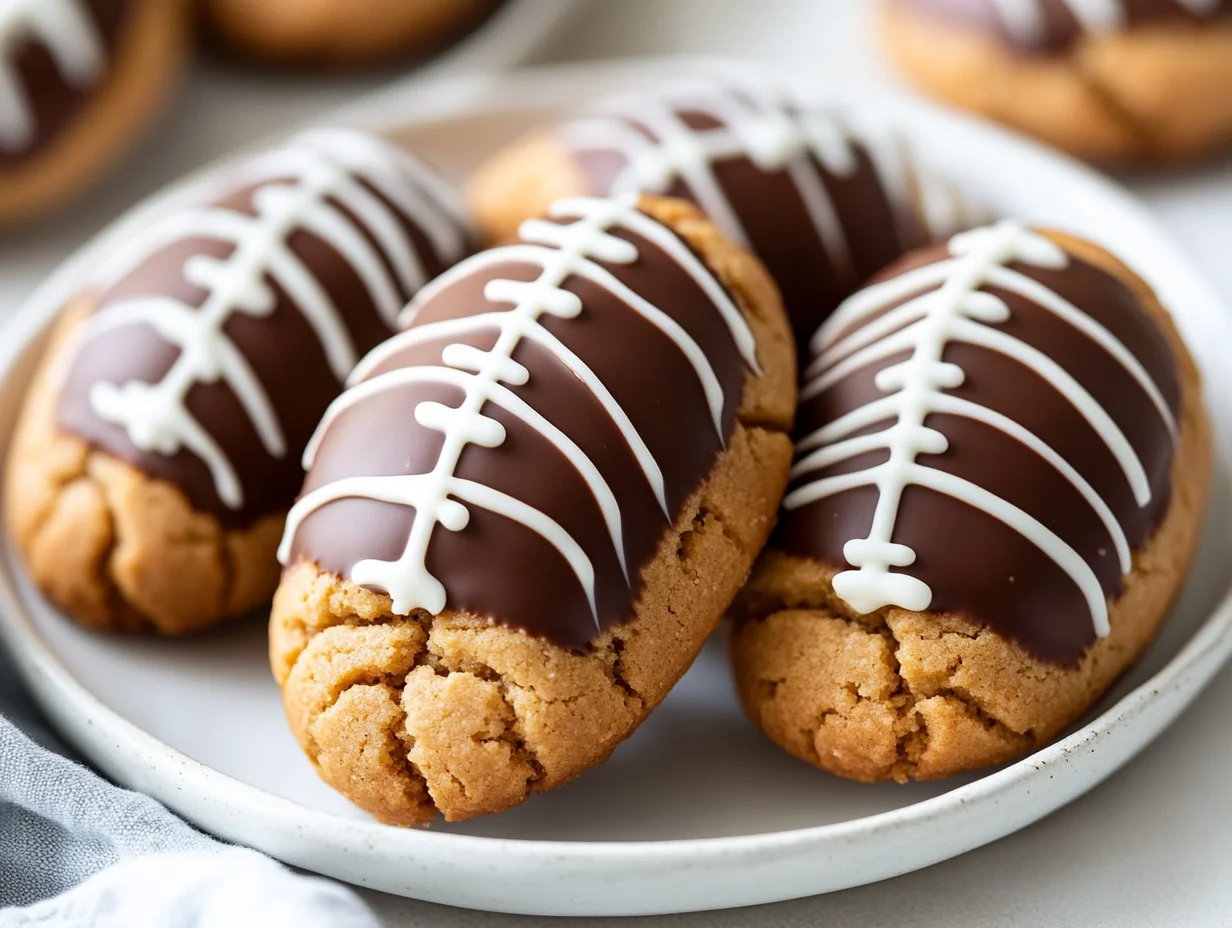 Peanut Butter Football Cookies On A White Plate With Chocolate Coating And White Icing Laces.