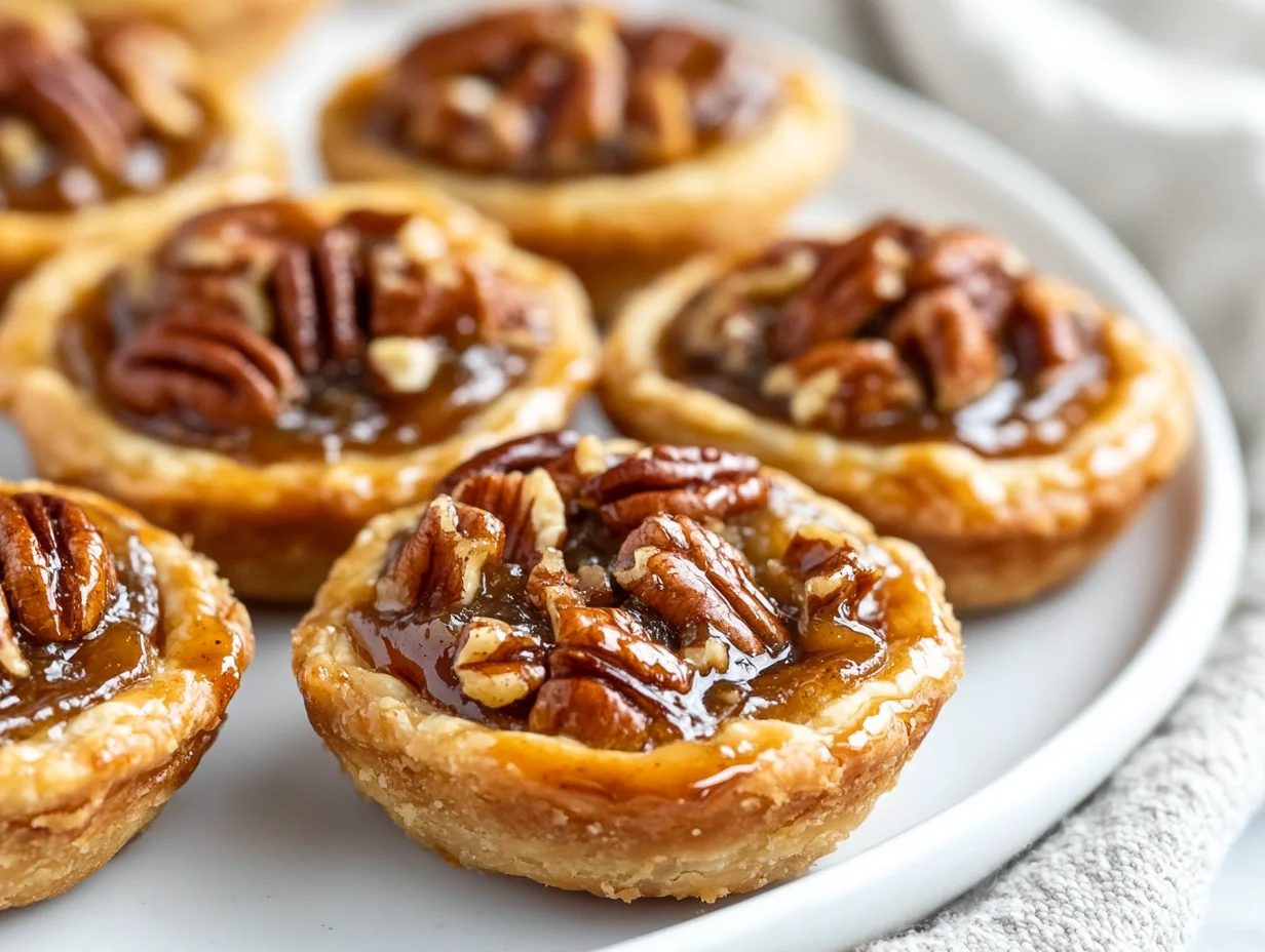 Plate Of Pecan Tassies With Golden Crust And Glossy Filling, Garnished With Toasted Pecans