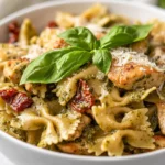 Bowl Of Pesto Pasta With Chicken, Sun-Dried Tomatoes, And Parmesan On A Neutral Background