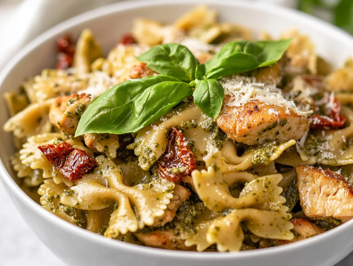 Bowl Of Pesto Pasta With Chicken, Sun-Dried Tomatoes, And Parmesan On A Neutral Background
