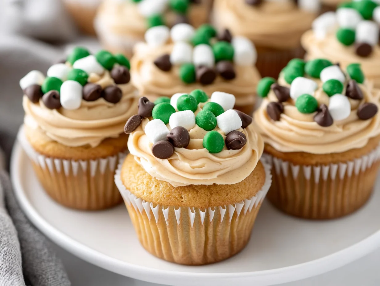 Festive Pull Apart Football Cupcakes With Peanut Butter Frosting And Chocolate Chips On A White Plate