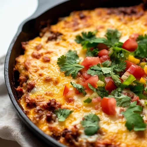 The Best Queso Fundido Recipe With Chorizo And Veggies 3 Bubbling Queso Fundido In A Cast-Iron Skillet With Chorizo, Peppers, And Garnished With Cilantro And Tomatoes