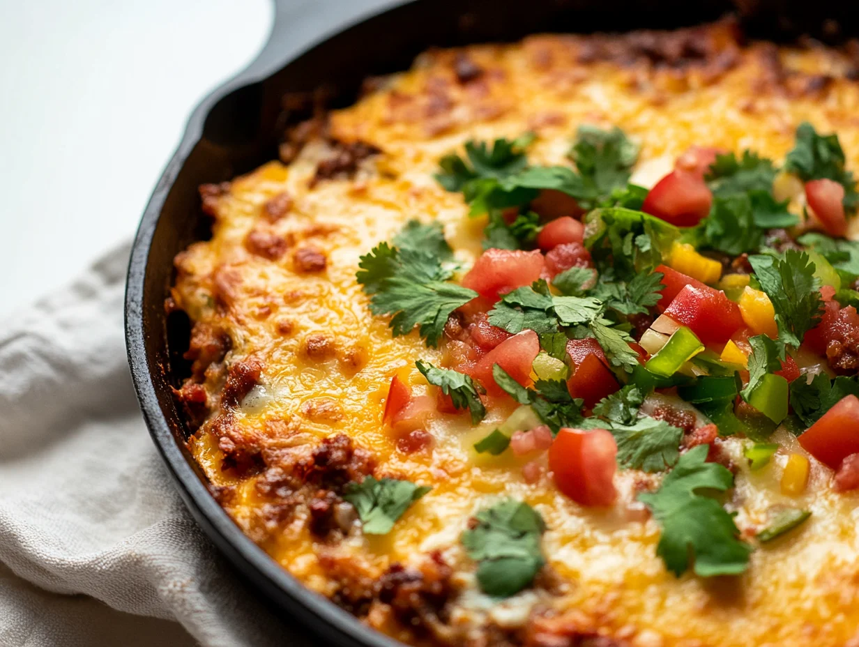 Bubbling Queso Fundido In A Cast-Iron Skillet With Chorizo, Peppers, And Garnished With Cilantro And Tomatoes