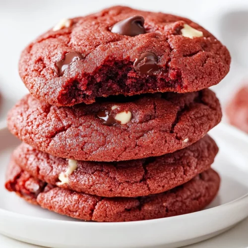 Red Velvet Chocolate Chip Cookies: Soft, Chewy, And Irresistible 3 Freshly Baked Red Velvet Chocolate Chip Cookies Stacked On A White Plate, Highlighting Melty Chocolate And A Vibrant Red Hue