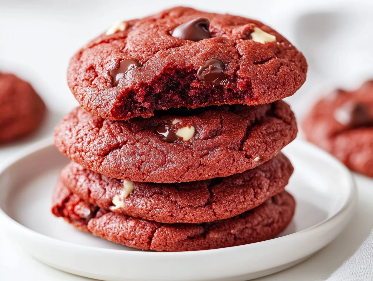Freshly Baked Red Velvet Chocolate Chip Cookies Stacked On A White Plate, Highlighting Melty Chocolate And A Vibrant Red Hue