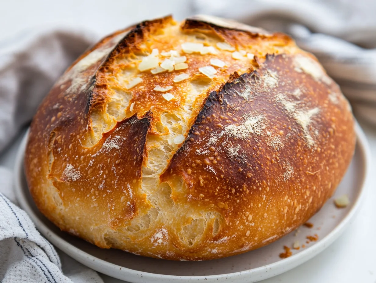 Freshly Baked San Francisco Sourdough Bread On A White Plate, Topped With Chopped Onions And In Soft Natural Light.
