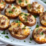 Crispy Sausage Snacks For Game Day On A White Plate, Topped With Cheese And Parsley Garnishes