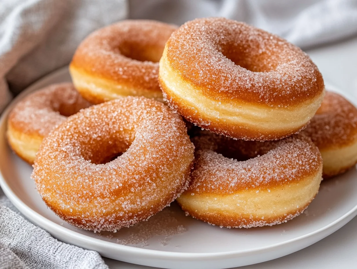 Platter Of Sourdough Doughnuts Glazed And Sprinkled With Cinnamon Sugar, Set On A White Plate