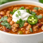 Bowl Of Spicy Chicken Chili Topped With Sour Cream, Cilantro, And Jalapeños On A Neutral Background