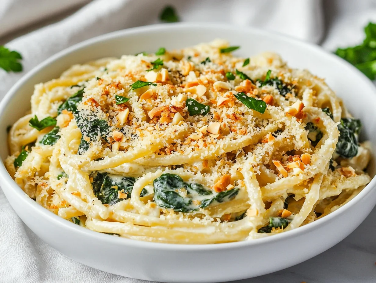 Creamy Spinach Artichoke Pasta In A White Bowl Topped With Crispy Panko And Almonds, Garnished With Parsley