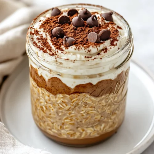 Creamy And Delicious Tiramisu Overnight Oats Recipe 3 Tiramisu Overnight Oats Layered In A Glass Jar, Topped With Greek Yogurt And Cocoa Powder, On A Simple Plate.