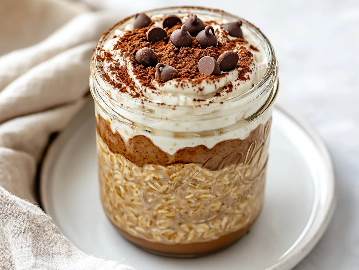 Tiramisu Overnight Oats Layered In A Glass Jar, Topped With Greek Yogurt And Cocoa Powder, On A Simple Plate.