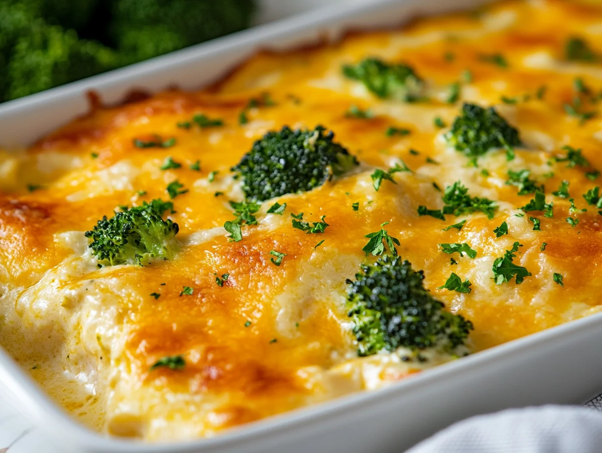 Cheesy Turkey Divan Casserole With Broccoli Served In A White Dish, Garnished With Fresh Parsley