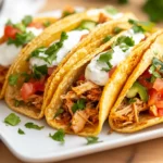 Golden Baked Chicken Tacos On A White Plate, Topped With Greek Yogurt And Fresh Jalapeños.