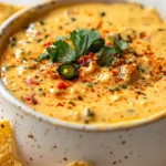Creamy Chilled Queso Dip In A White Bowl, Garnished With Cilantro And Chili Lime Seasoning, Served With Tortilla Chips