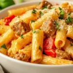 Creamy Sausage Pasta In A White Bowl, Topped With Parmesan And Fresh Basil, Against A Neutral Background.