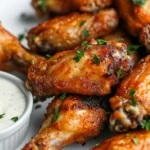Crispy Air Fryer Chicken Wings On A White Plate Garnished With Parsley And Served With Ranch Dressing
