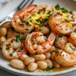 Plate Of Garlicky Shrimp And White Beans, Garnished With Parsley And Lemon Zest On A White Plate