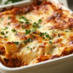 Delicious Gluten-Free Lasagna In A White Baking Dish Topped With Melted Cheese And Garnished With Fresh Parsley