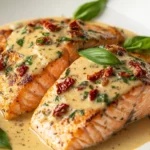 Marry Me Salmon On A White Plate, Topped With Creamy Sauce And Fresh Basil Leaves