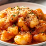 Creamy Millionaire Gnocchi With Red Sauce Topped With Herbed Ricotta And Crispy Breadcrumbs On A White Plate