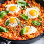 One-Skillet Orzo With Tomatoes And Eggs In A Skillet, Topped With Fresh Basil And Creamy Mozzarella