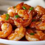 Plate Of Quick Honey Garlic Shrimp, Glistening With Sauce And Garnished With Green Onions On A White Background.