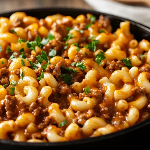A Delicious Sloppy Joe Skillet Dinner In A Cast Iron Skillet, Topped With Fresh Parsley And Served With Elbow Macaroni.