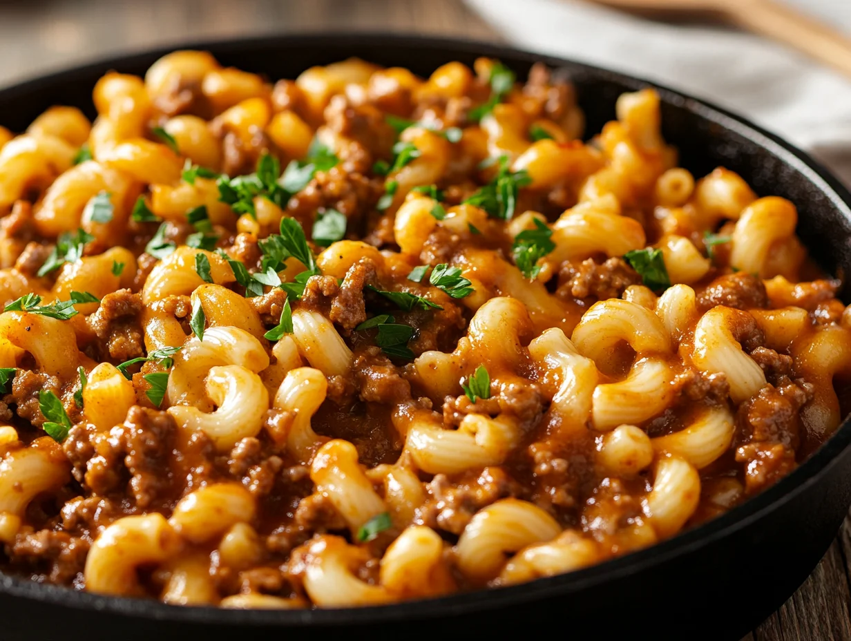 A Delicious Sloppy Joe Skillet Dinner In A Cast Iron Skillet, Topped With Fresh Parsley And Served With Elbow Macaroni.