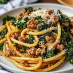 Bucatini With Sausage And Kale Served On A White Plate Topped With Shredded Cheese And Fresh Herbs
