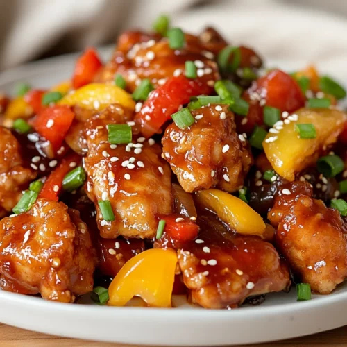 Healthy Sweet And Sour Chicken Served On A White Plate With Peppers And Carrots, Garnished With Scallions And Sesame Seeds