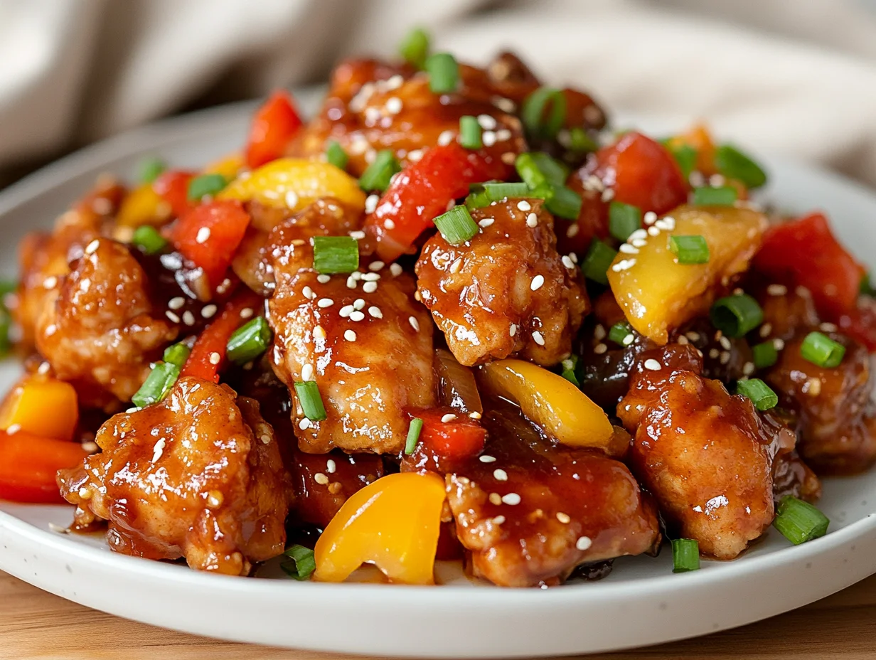 Healthy Sweet And Sour Chicken Served On A White Plate With Peppers And Carrots, Garnished With Scallions And Sesame Seeds