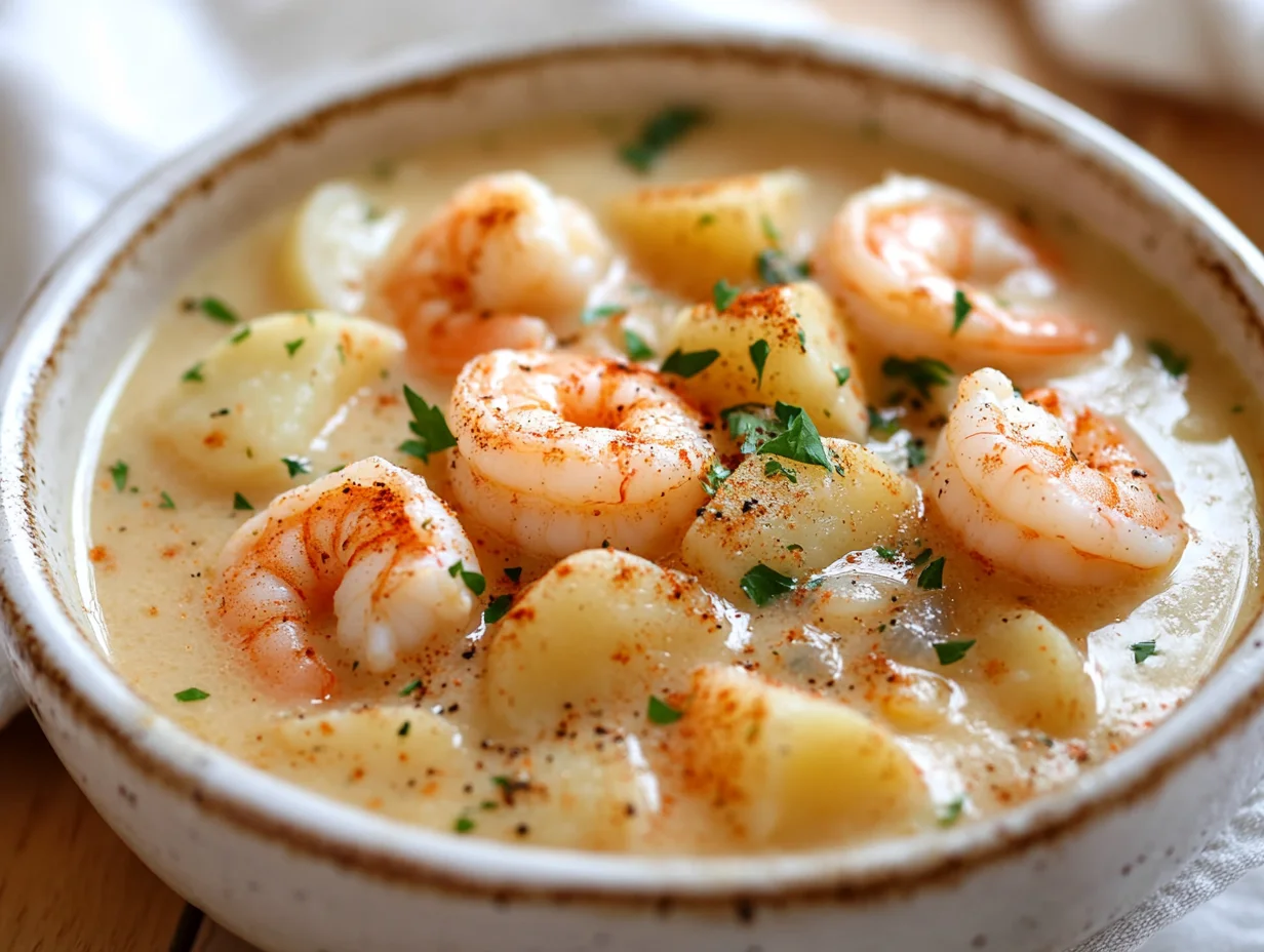 Bowl Of Creamy Shrimp Chowder Topped With Parsley And Spices, Served On A Wooden Table.