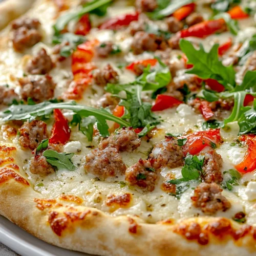 Irresistible White Pizza With Sausage Recipe For An Easy Dinner 3 White Pizza With Sausage Topped With Arugula On A White Plate, Showcasing Melted Cheese And Colorful Veggies.