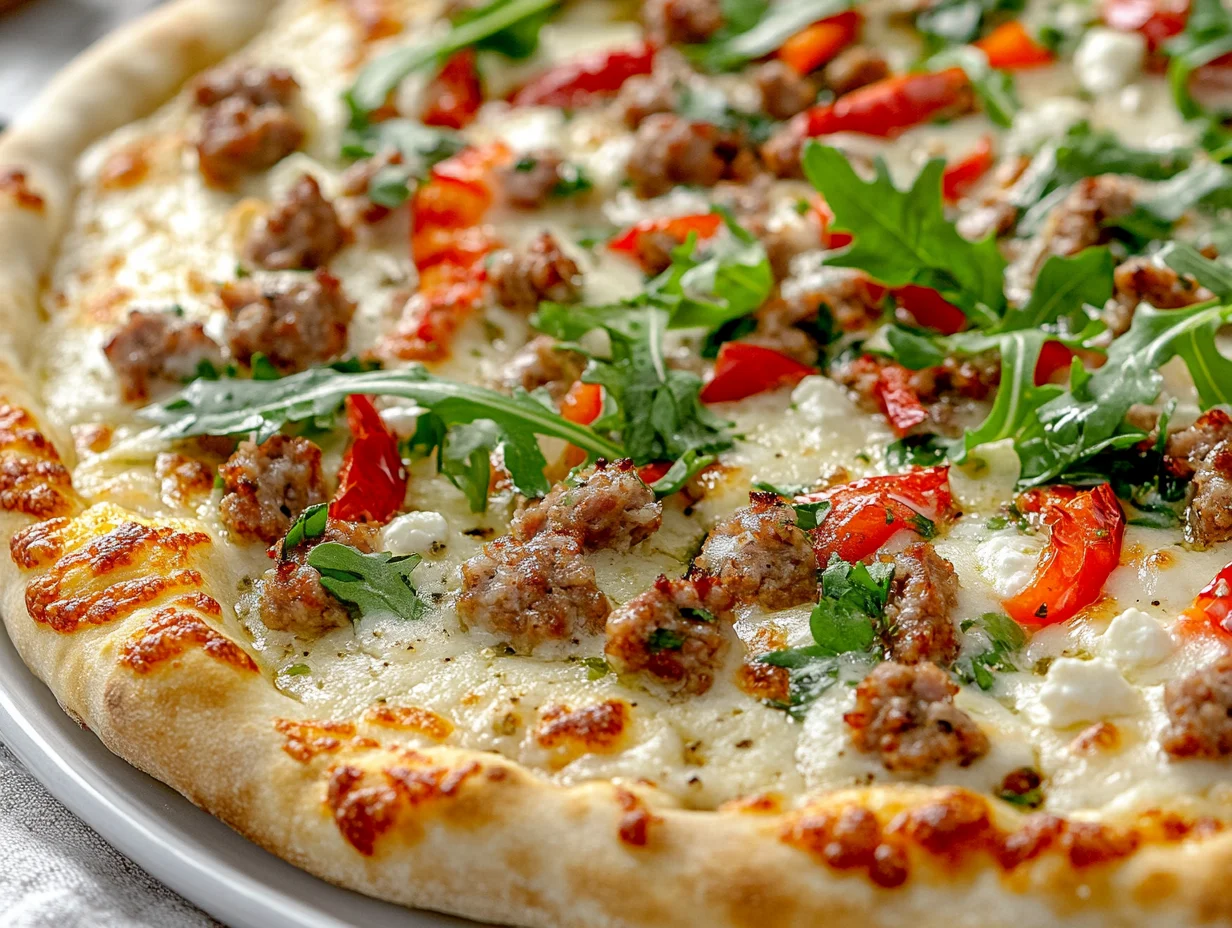 White Pizza With Sausage Topped With Arugula On A White Plate, Showcasing Melted Cheese And Colorful Veggies.
